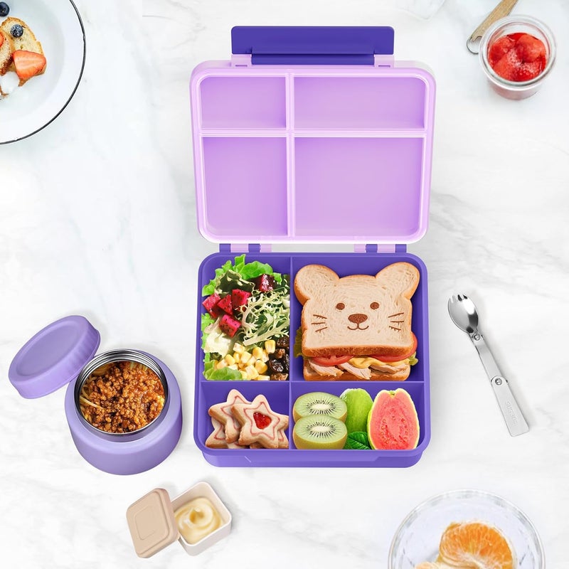Aimsnk Bento Lunch Box for Kids with 9oz Soup Thermo Leak-Proof Lunch Food Container with 5 Compartment Thermo Hot Food Jar and Insulated Lunch Bag for Kid Toddler Girls Boys to School(Purple) - Image 4